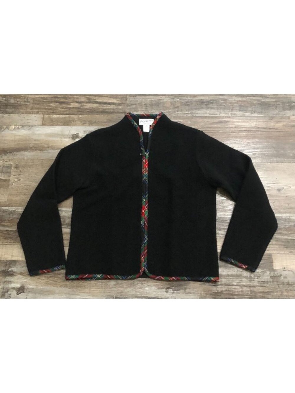 Pendleton Womens Medium Black Full Zip Wool Sweater with Plaid Trim